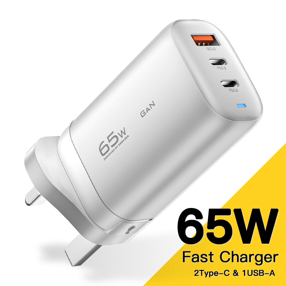 ESSAGER 65W GaN Travel Charging Dock 2 Type-C+1 USB UK Plug Wall Charger [with CE Certificate]