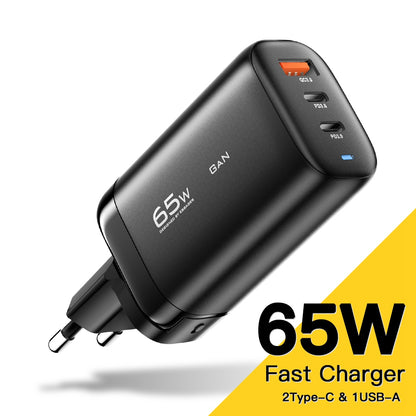 ESSAGER 65W GaN Travel Charging Dock Power Adapter 3-Output Type-C+ USB-A EU Plug Wall Charger [with CE Certificate] for Tablets/Smartphones