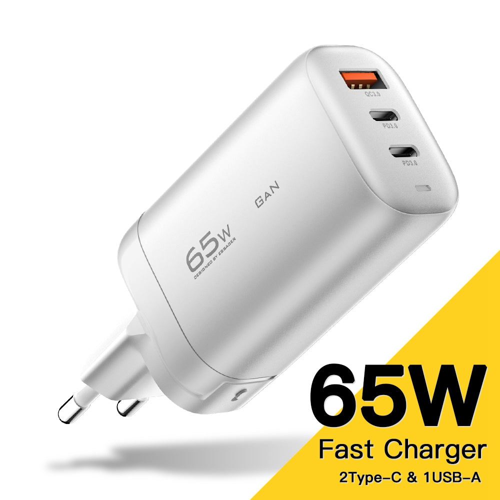 ESSAGER 65W GaN Travel Charging Dock Power Adapter 3-Output Type-C+ USB-A EU Plug Wall Charger [with CE Certificate] for Tablets/Smartphones