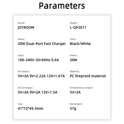 JOYROOM JR-QP2011 20W Dual Port Fast Charger QC3.0+PD Portable Mini Charger Block Cell Phone Wall Charger Adapter for iPhone 12/13 Series
