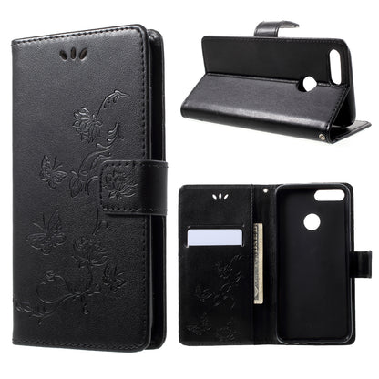 Imprint Butterfly Flower Wallet Stand Leather Case for Huawei P Smart / Enjoy 7S