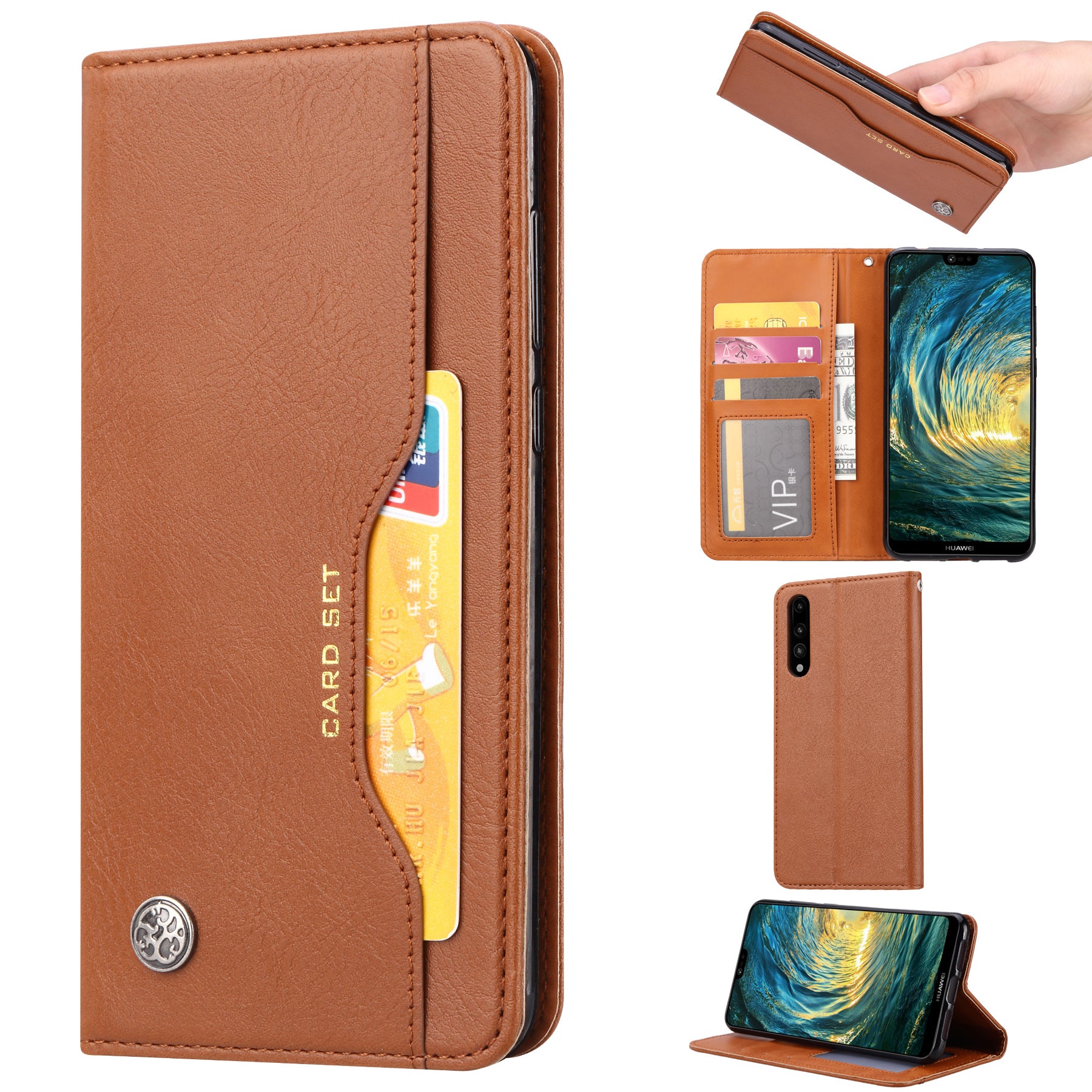 Auto-absorbed Leather Wallet Stand Phone Cover for Huawei P20