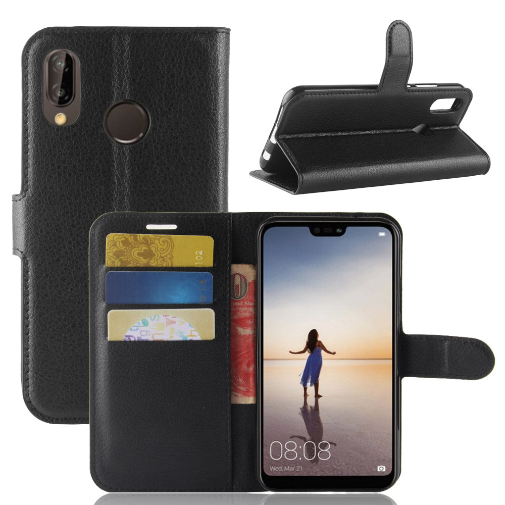 Litchi Texture Wallet Stand Leather Phone Accessory Case for Huawei P20 Lite / Nova 3e