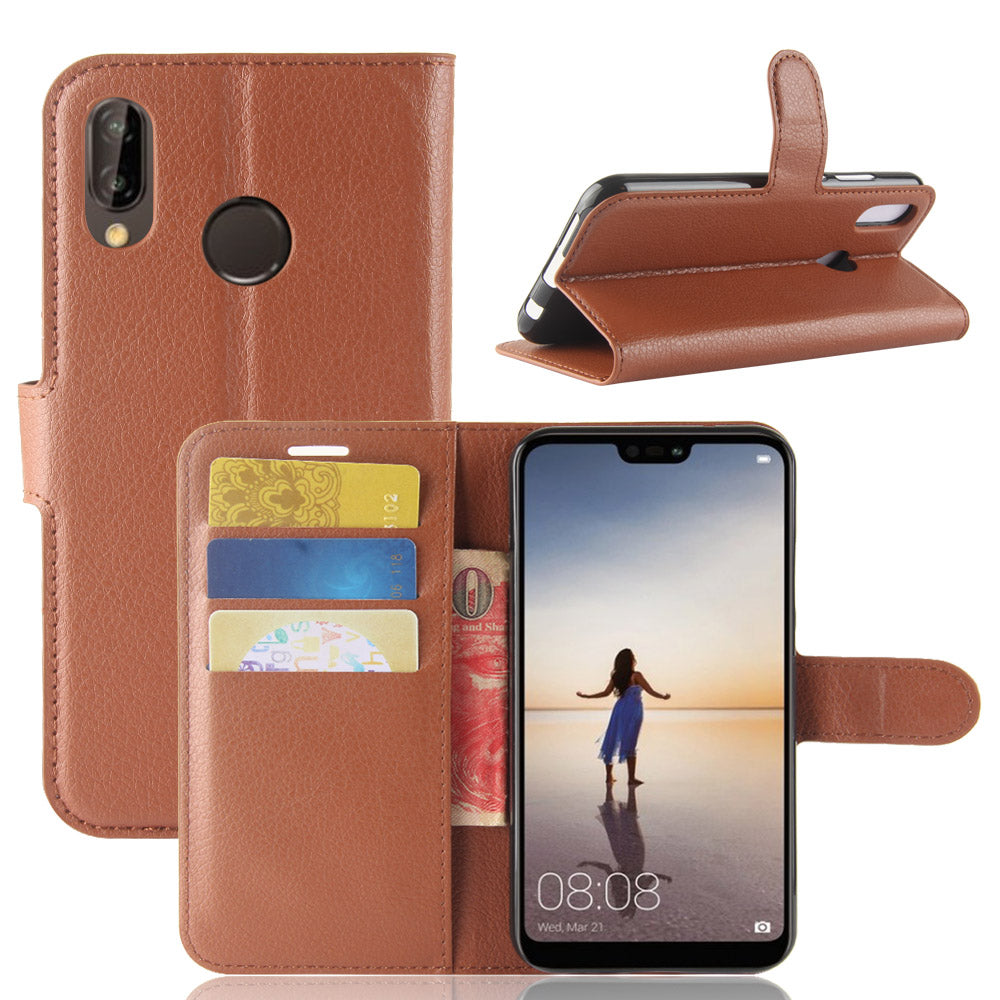 Litchi Texture Wallet Stand Leather Phone Accessory Case for Huawei P20 Lite / Nova 3e