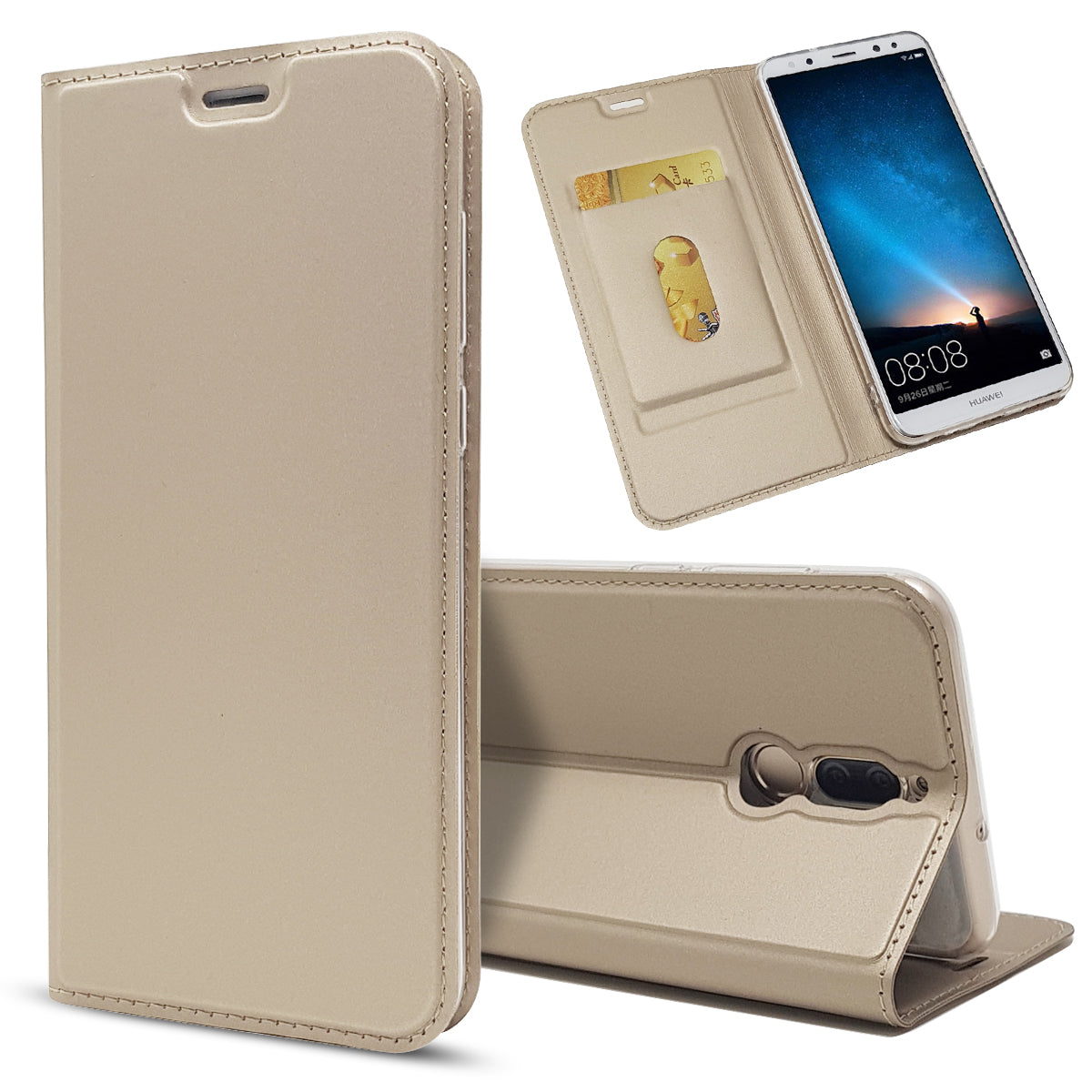 Auto-absorbed Stand Leather Card Holder Case for Huawei Mate 10 Lite/nova 2i/Maimang 6/Honor 9i (India)