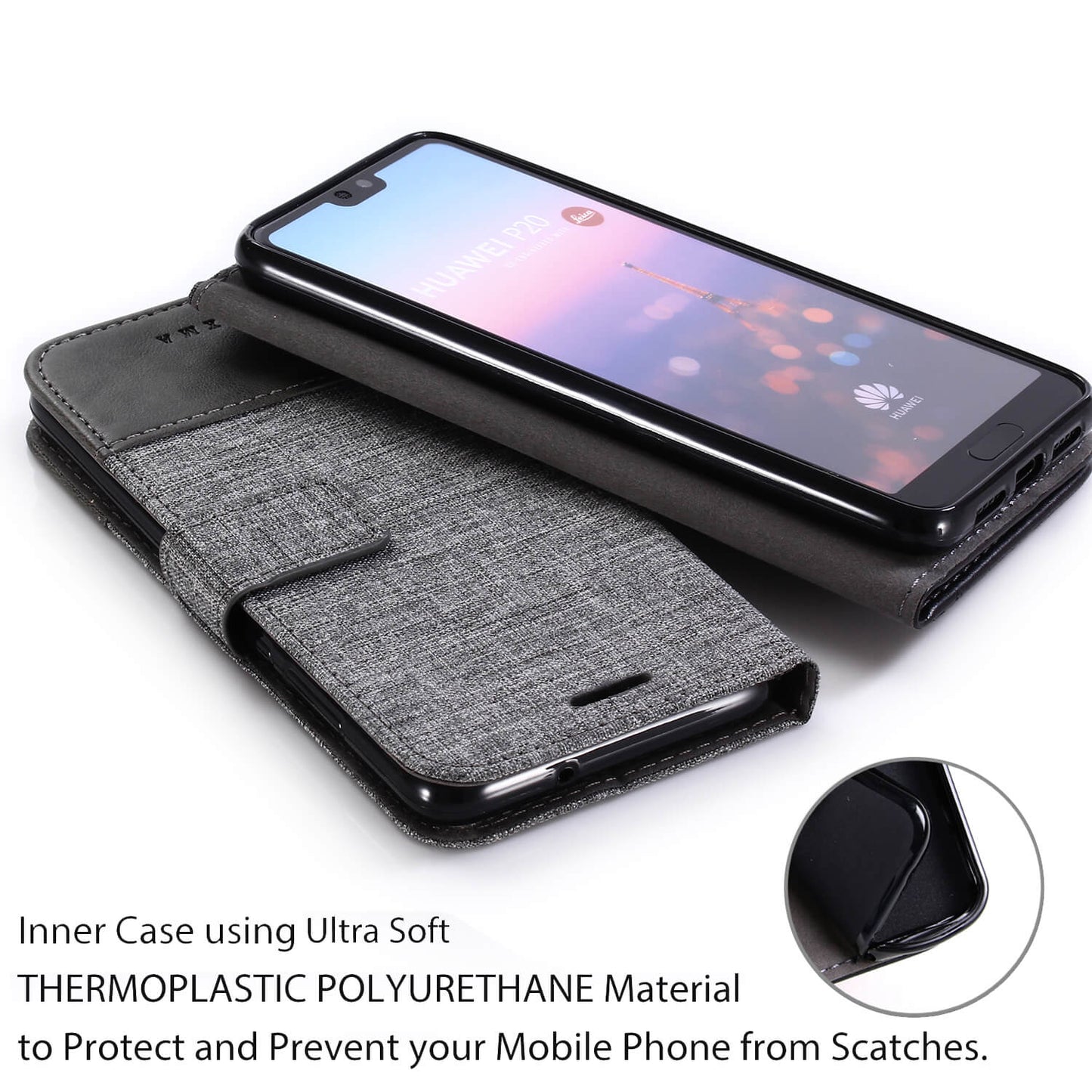 MUXMA Leather Canvas Splicing Stand Mobile Casing for Huawei P20