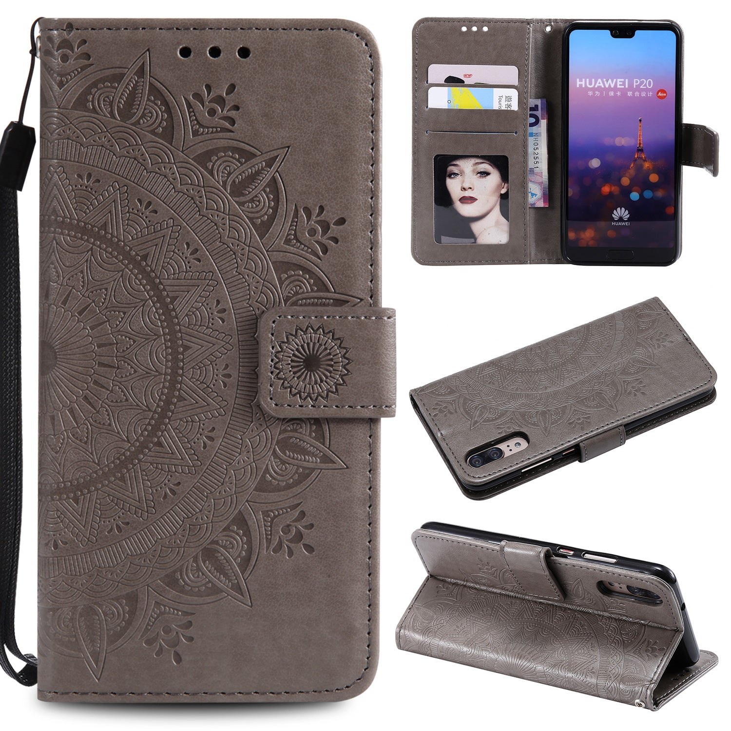 Imprint Mandala Flower Stand Wallet Leather Case for Huawei P20