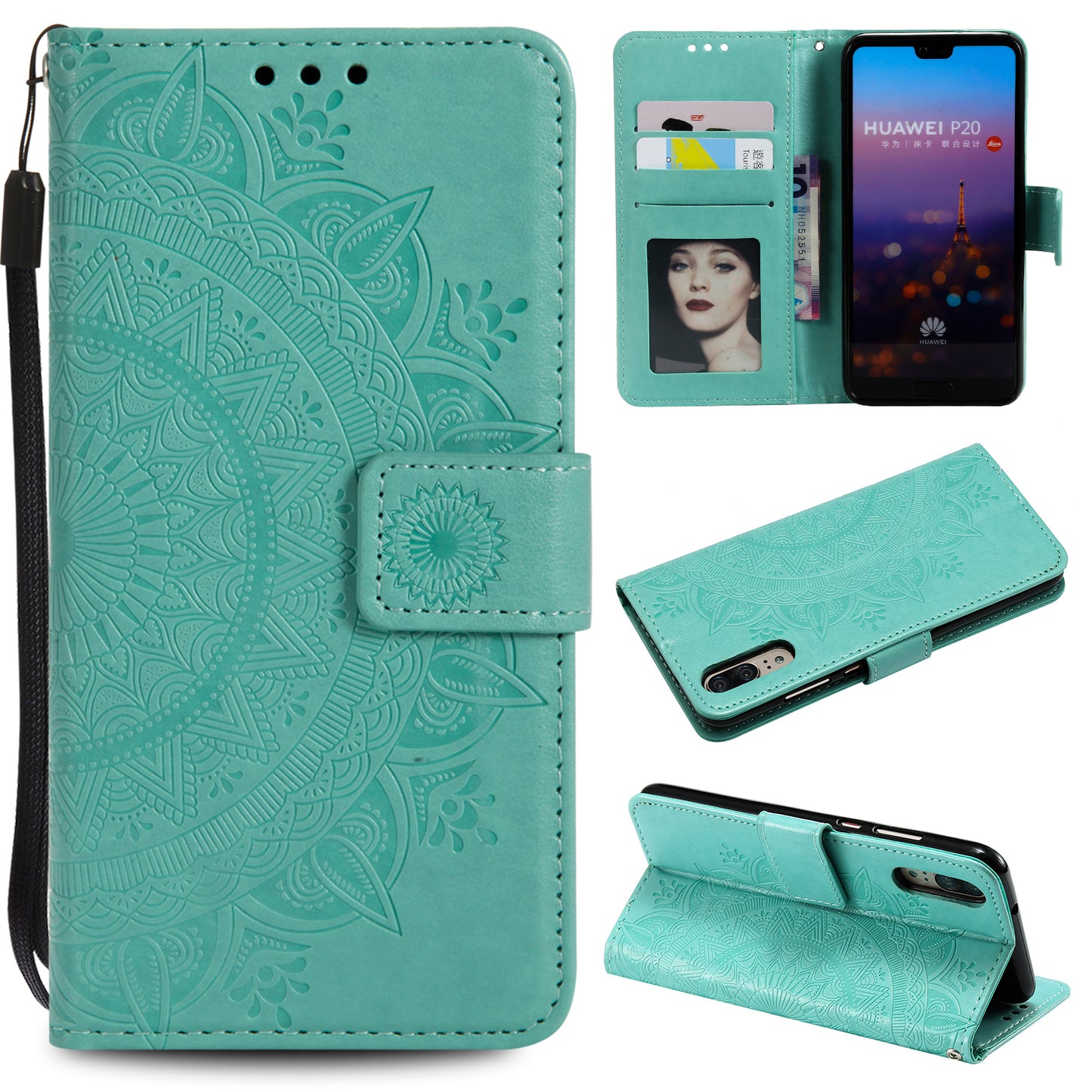 Imprint Mandala Flower Stand Wallet Leather Case for Huawei P20