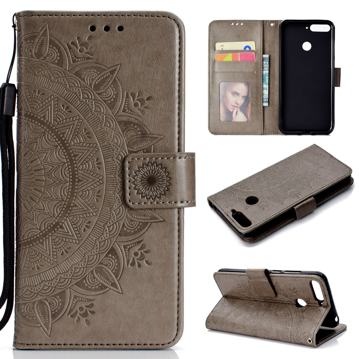 Imprint Mandala Flower  Leather Wallet Flip Casing for Huawei Y6 (2018) / Honor 7A (without Fingerprint Sensor)