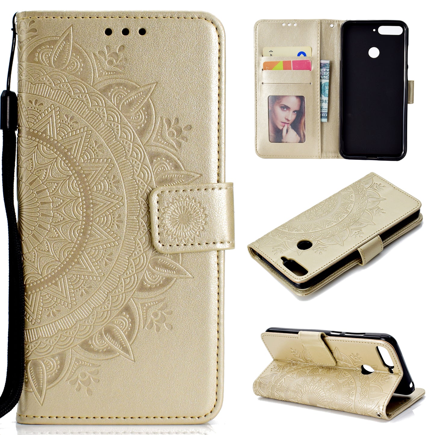 Imprint Mandala Flower  Leather Wallet Flip Casing for Huawei Y6 (2018) / Honor 7A (without Fingerprint Sensor)