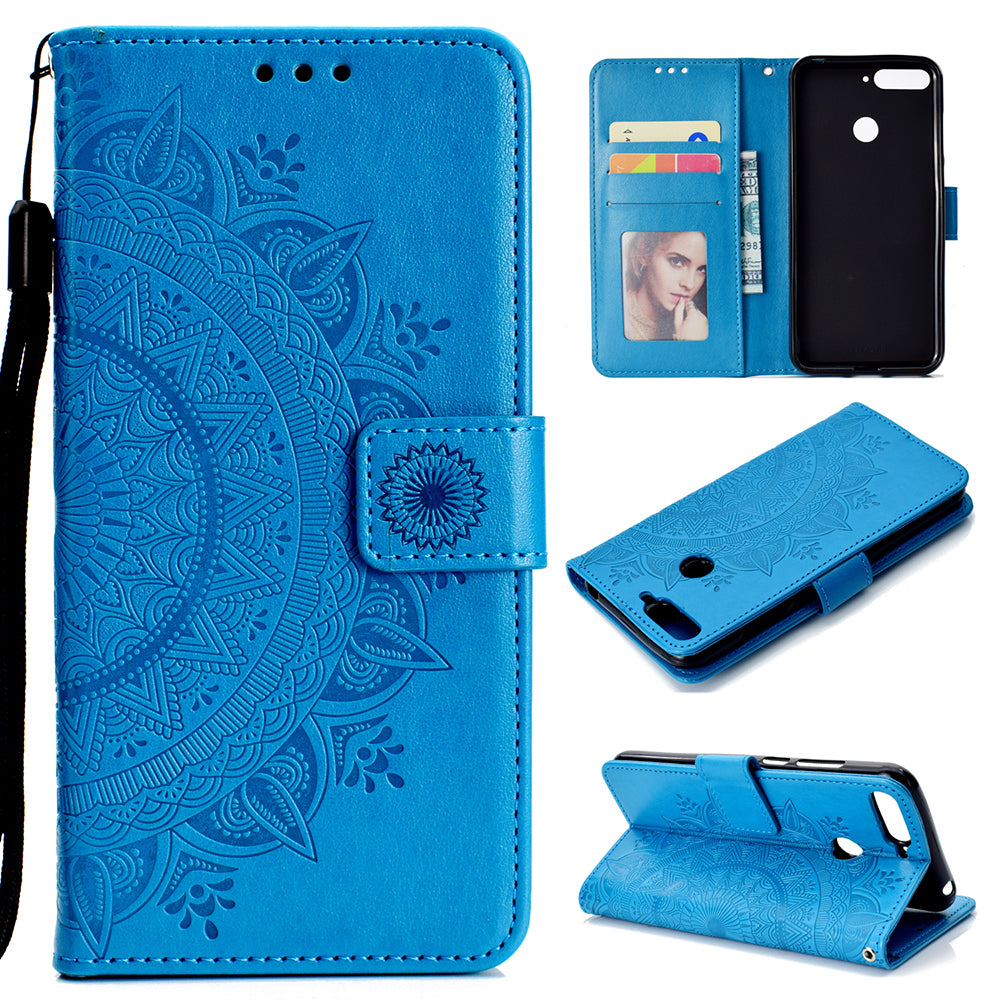 Imprint Mandala Flower  Leather Wallet Flip Casing for Huawei Y6 (2018) / Honor 7A (without Fingerprint Sensor)