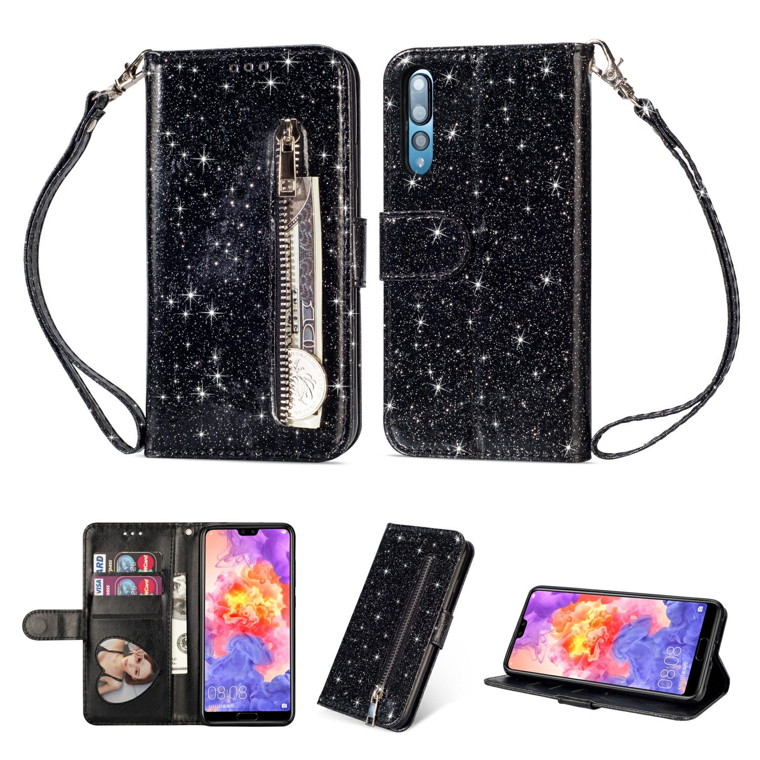 Flash Powder Zippered Stand Leather Wallet Case with Strap for Huawei P20 Pro