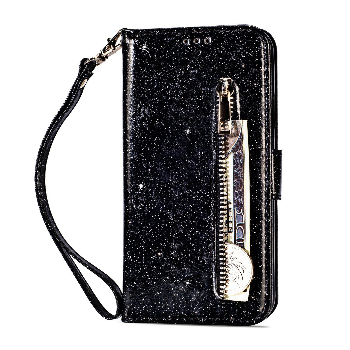 Flash Powder Zippered Stand Leather Wallet Case with Strap for Huawei P20 Pro