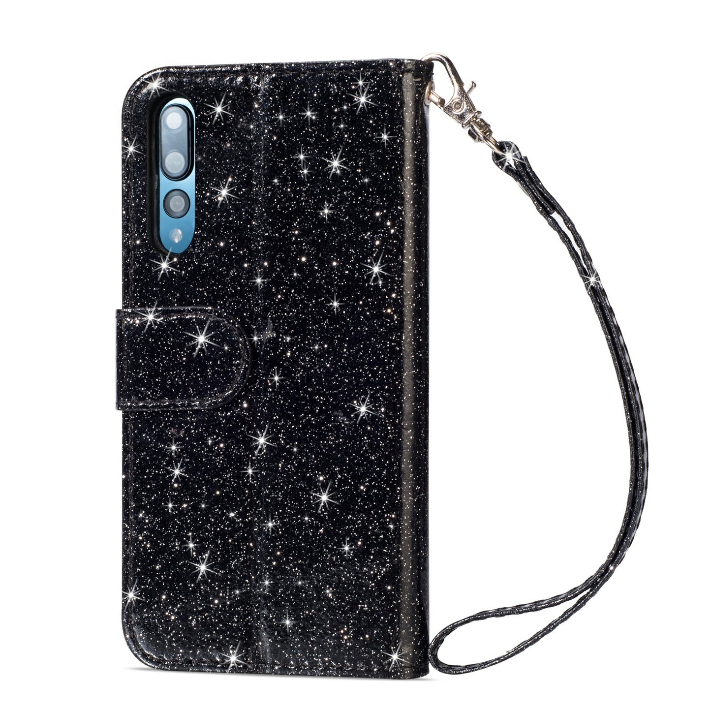 Flash Powder Zippered Stand Leather Wallet Case with Strap for Huawei P20 Pro