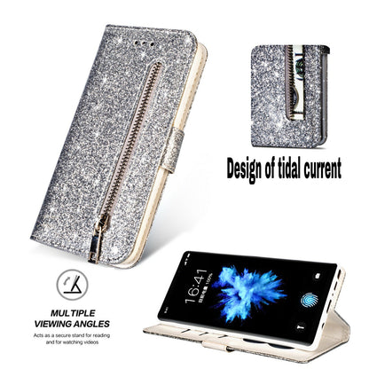 Flash Powder Zippered Stand Leather Wallet Case with Strap for Huawei P20 Pro