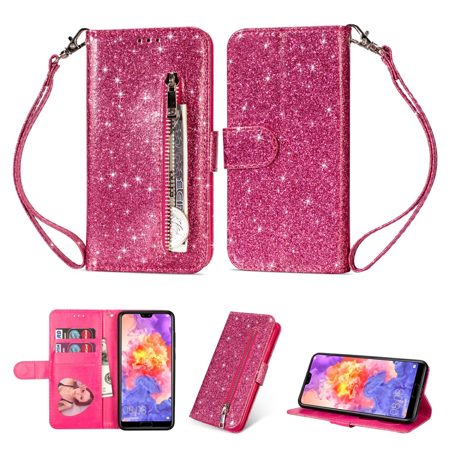 Flash Powder Zippered Stand Leather Wallet Case with Strap for Huawei P20 Pro