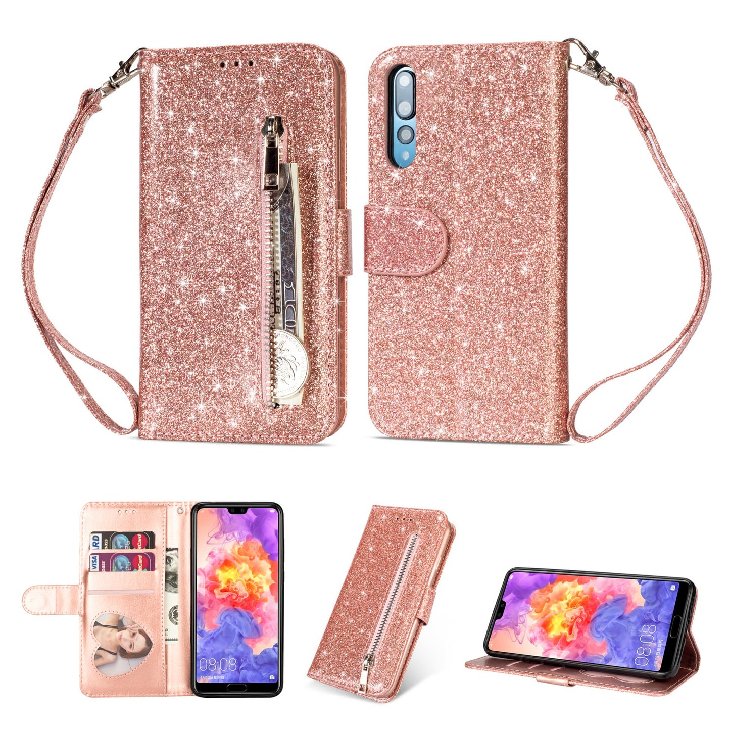 Flash Powder Zippered Stand Leather Wallet Case with Strap for Huawei P20 Pro