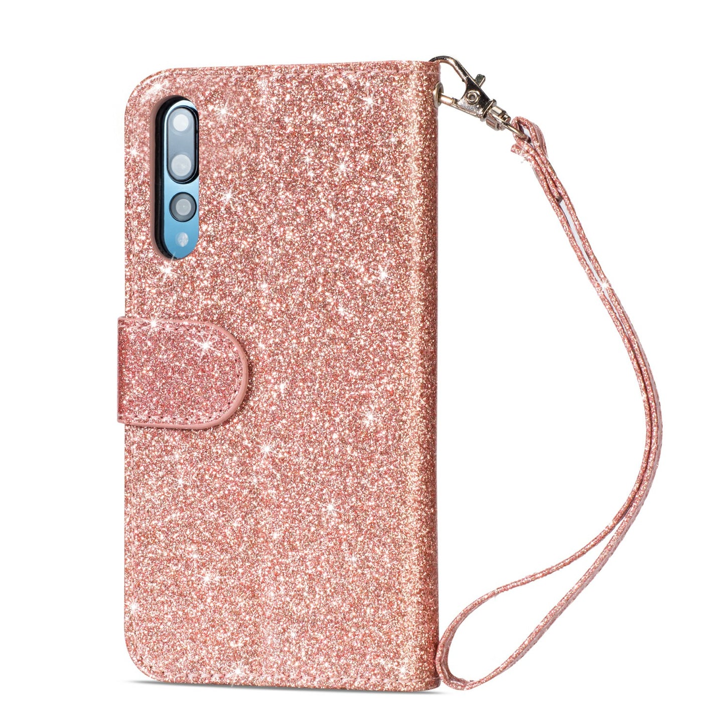 Flash Powder Zippered Stand Leather Wallet Case with Strap for Huawei P20 Pro