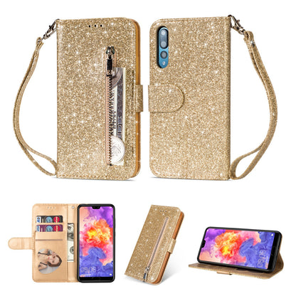 Flash Powder Zippered Stand Leather Wallet Case with Strap for Huawei P20 Pro