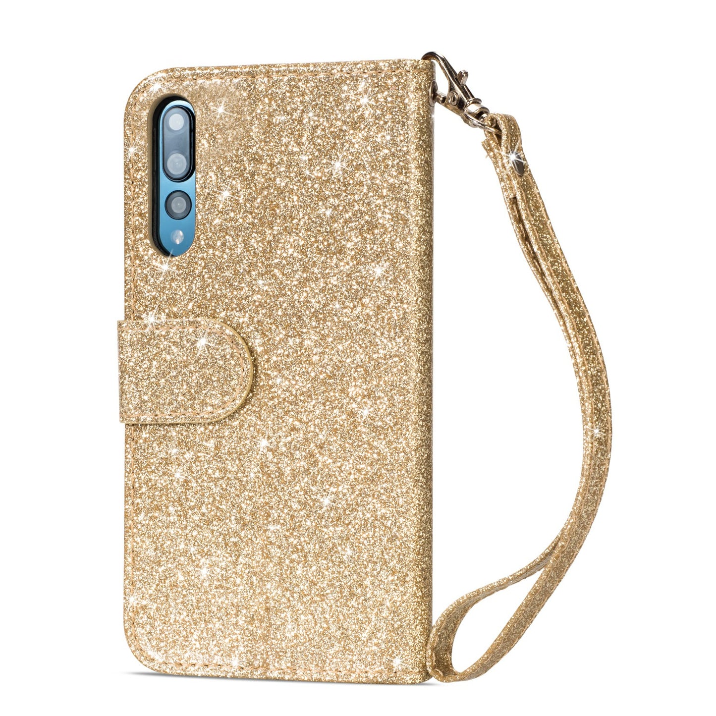 Flash Powder Zippered Stand Leather Wallet Case with Strap for Huawei P20 Pro