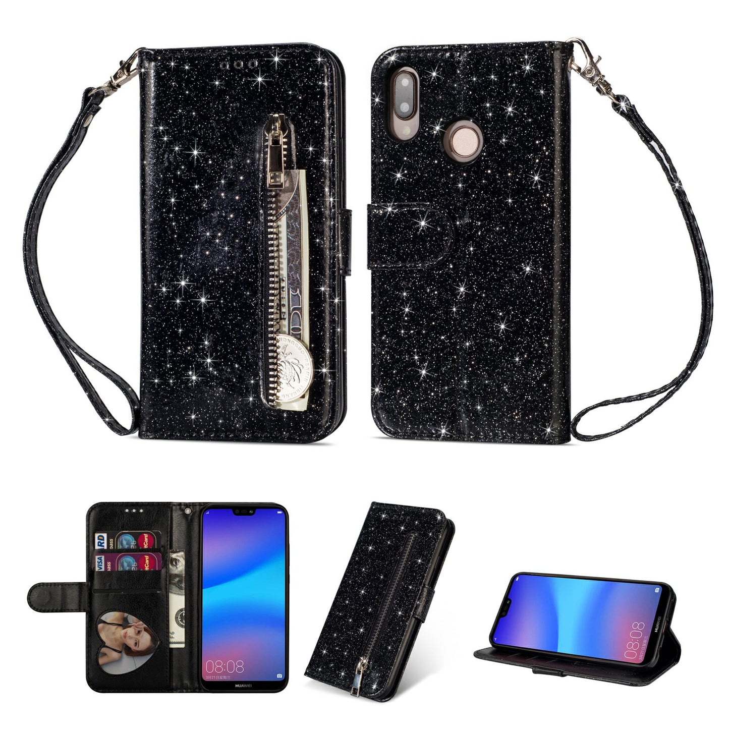 Flash Powder Zippered Stand Leather Wallet Case with Strap for Huawei P20 Lite / Nova 3e (China)