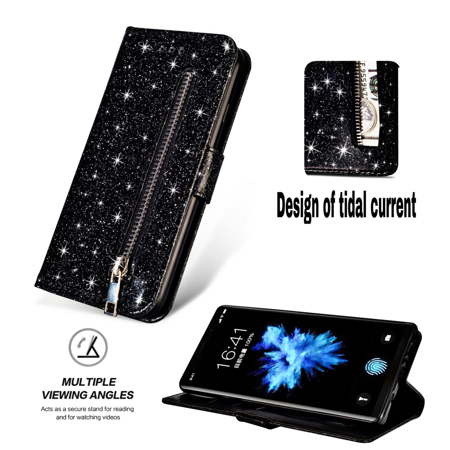 Flash Powder Zippered Stand Leather Wallet Case with Strap for Huawei P20 Lite / Nova 3e (China)