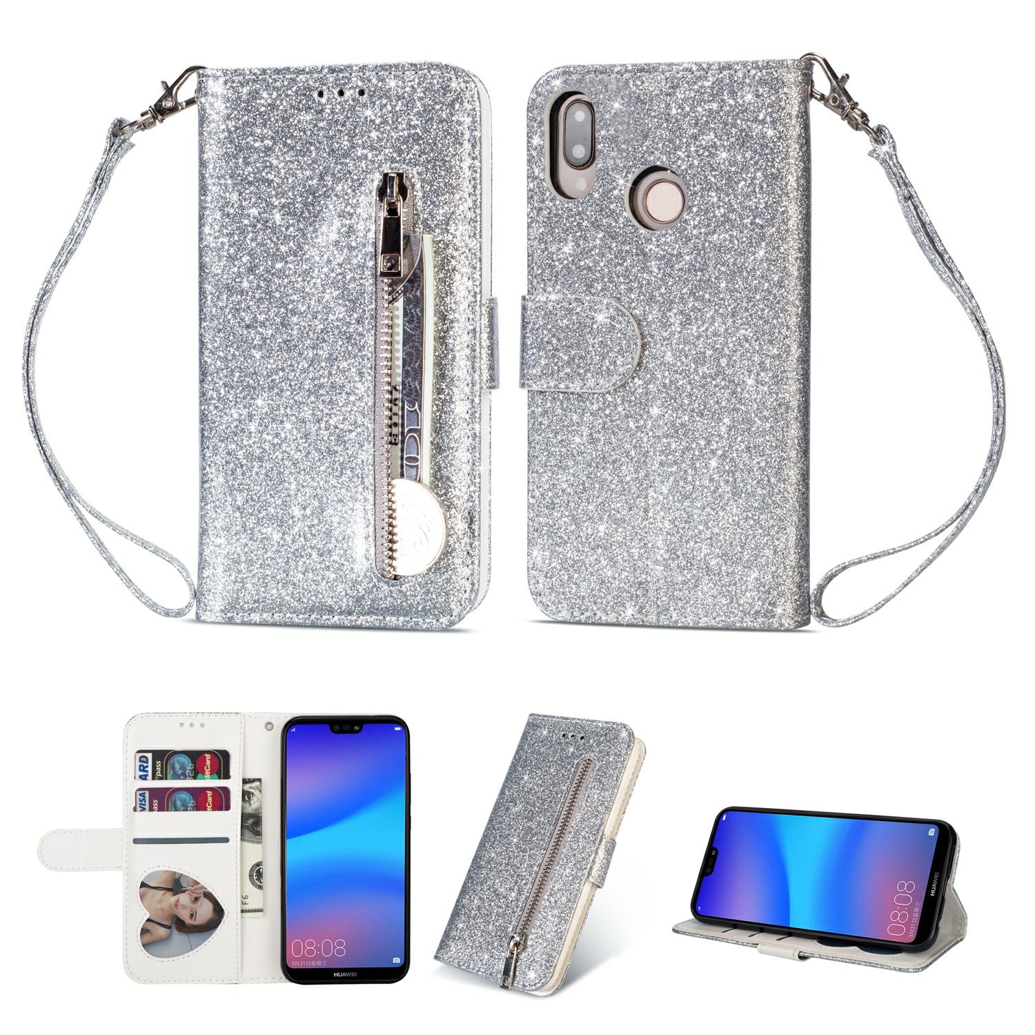 Flash Powder Zippered Stand Leather Wallet Case with Strap for Huawei P20 Lite / Nova 3e (China)