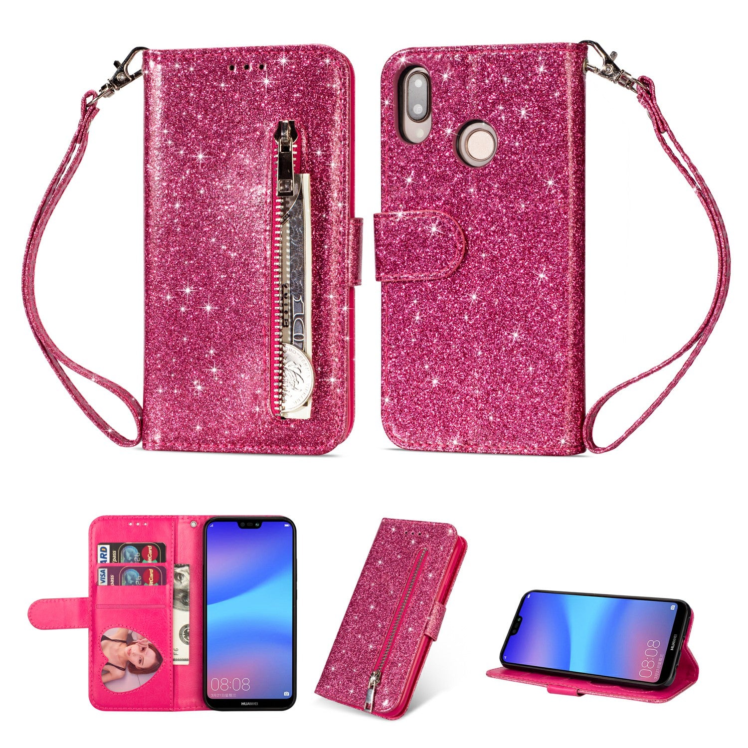 Flash Powder Zippered Stand Leather Wallet Case with Strap for Huawei P20 Lite / Nova 3e (China)