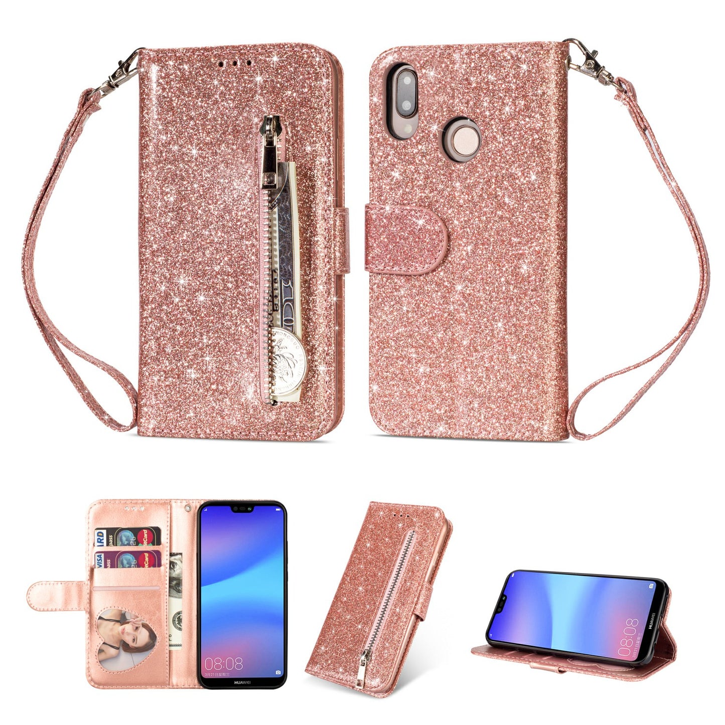 Flash Powder Zippered Stand Leather Wallet Case with Strap for Huawei P20 Lite / Nova 3e (China)