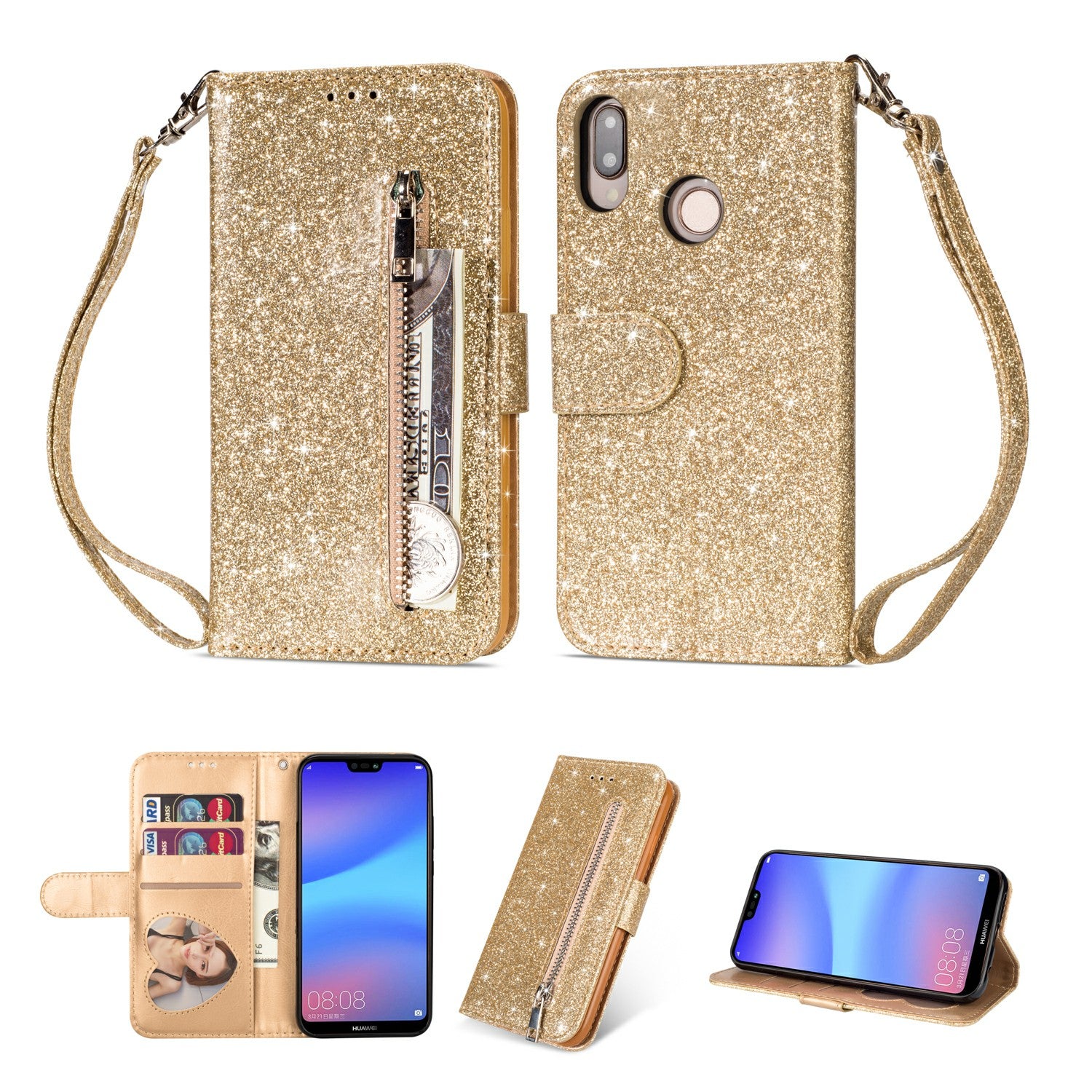 Flash Powder Zippered Stand Leather Wallet Case with Strap for Huawei P20 Lite / Nova 3e (China)