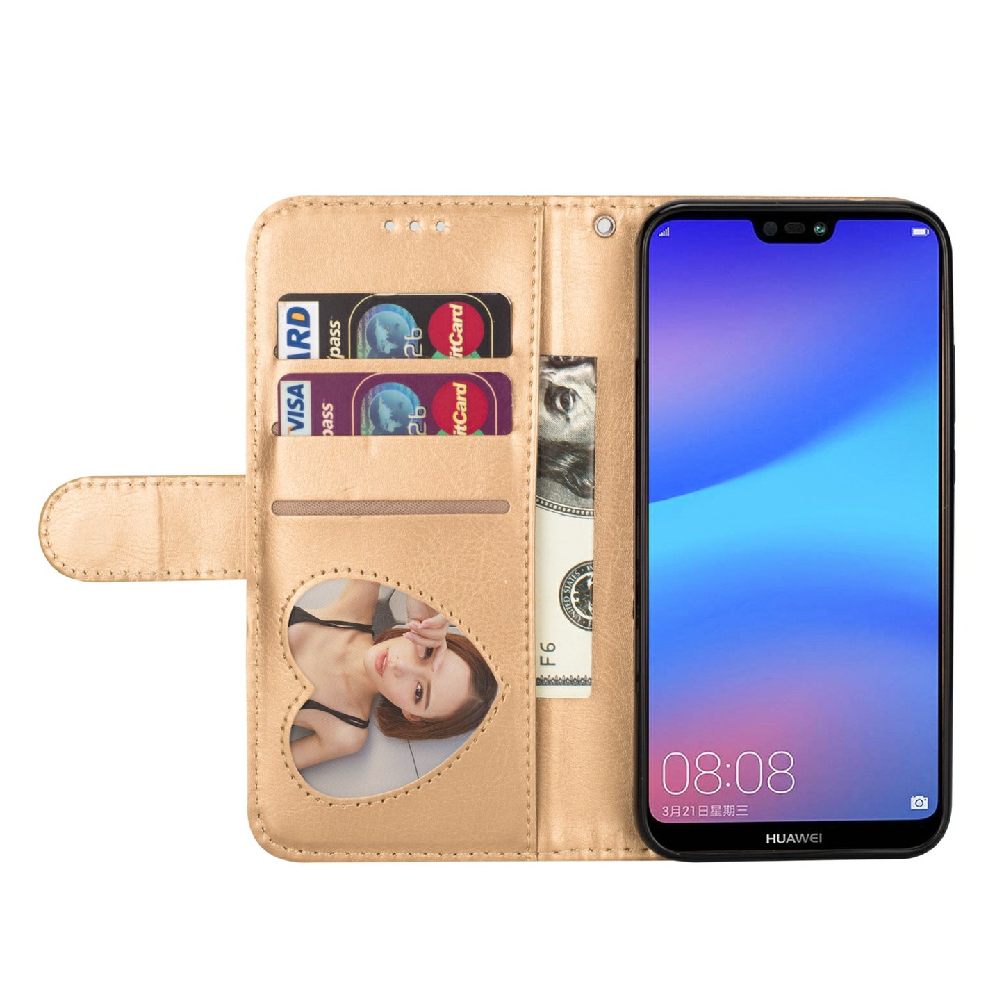 Flash Powder Zippered Stand Leather Wallet Case with Strap for Huawei P20 Lite / Nova 3e (China)