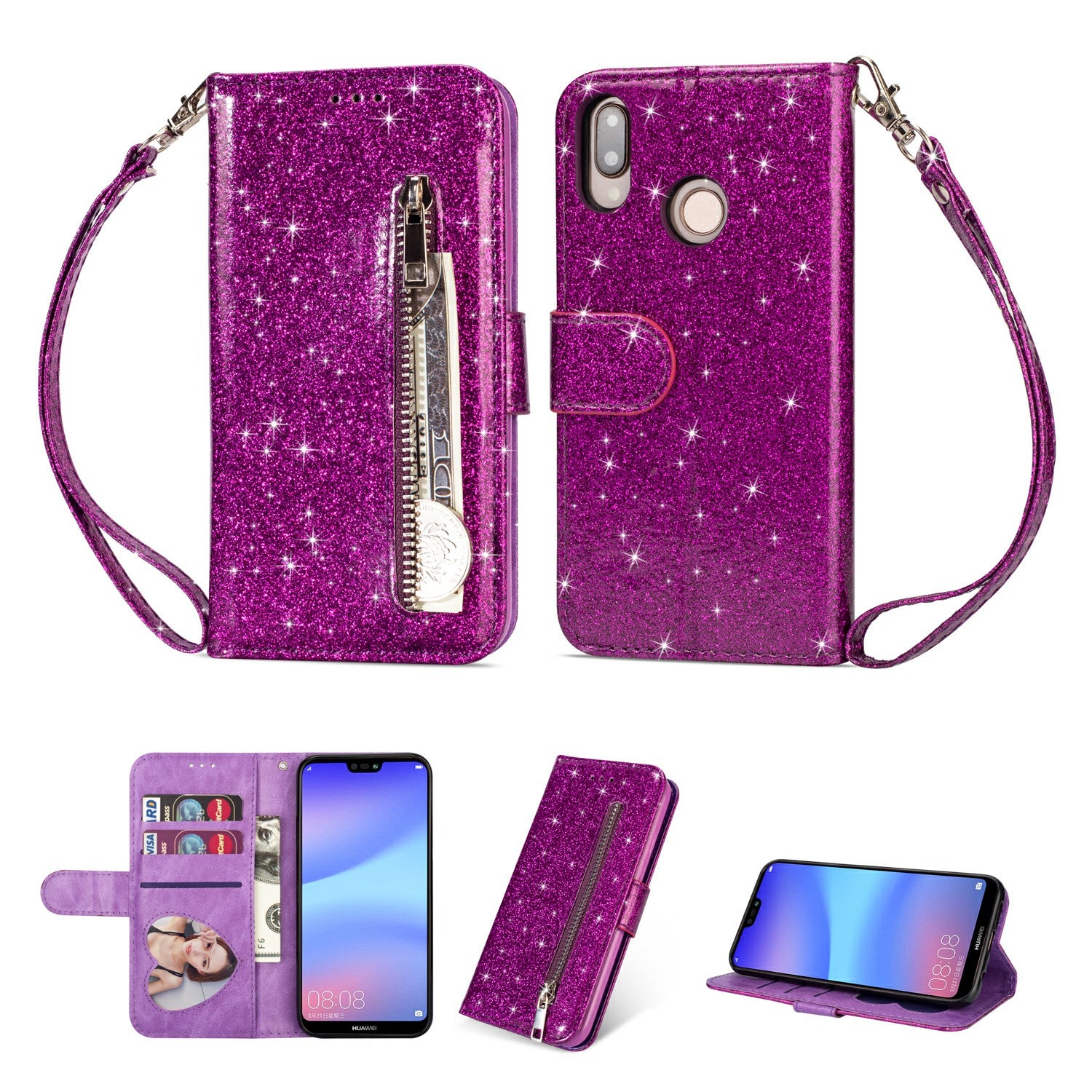 Flash Powder Zippered Stand Leather Wallet Case with Strap for Huawei P20 Lite / Nova 3e (China)