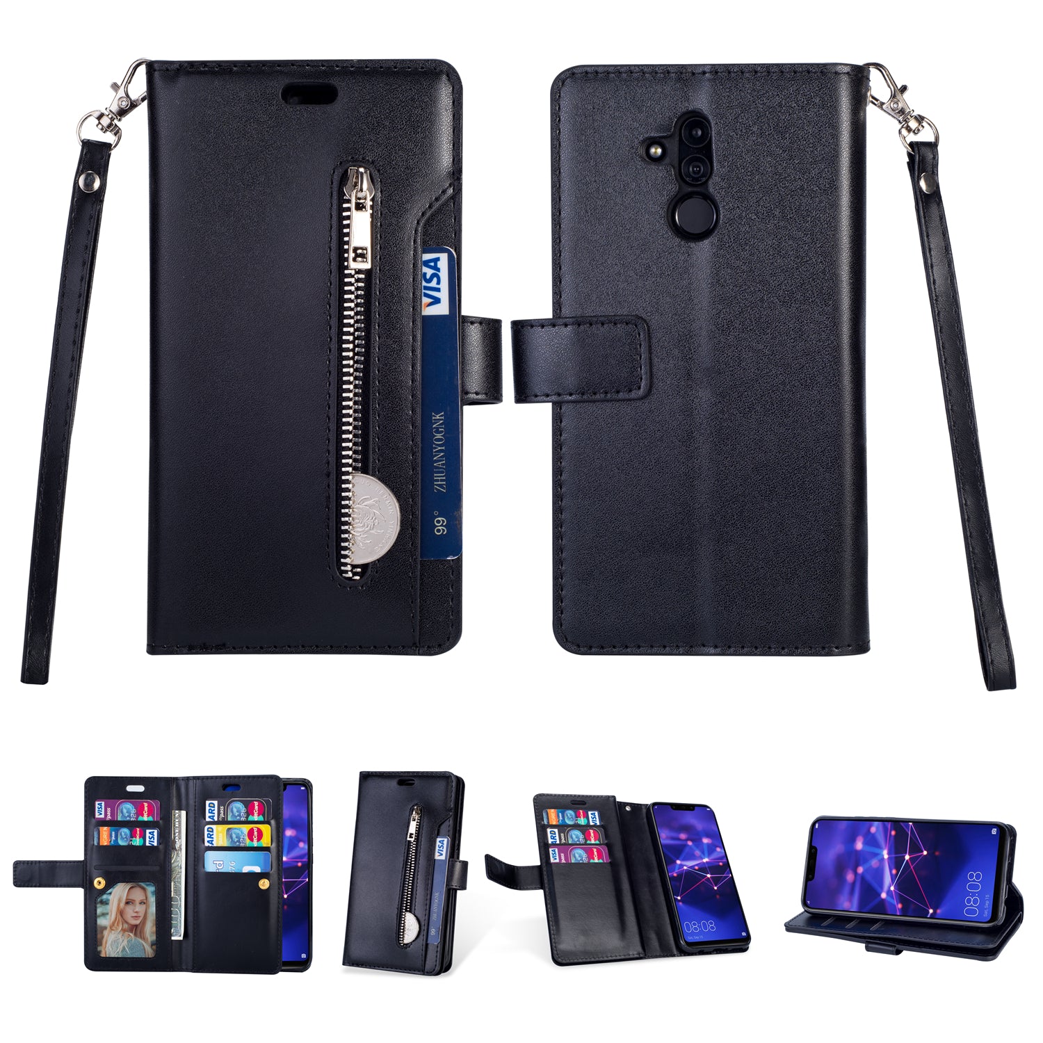 Zippered Leather Magnetic Stand Wallet TPU Back Casing with Strap for Huawei Mate 20 Lite