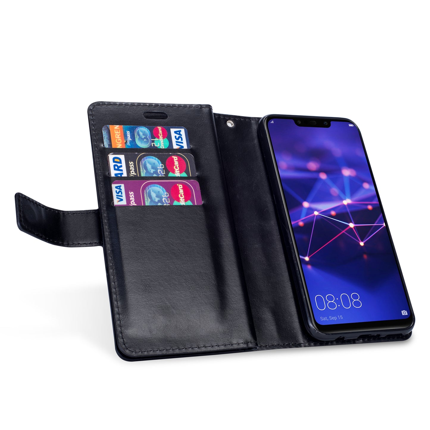 Zippered Leather Magnetic Stand Wallet TPU Back Casing with Strap for Huawei Mate 20 Lite