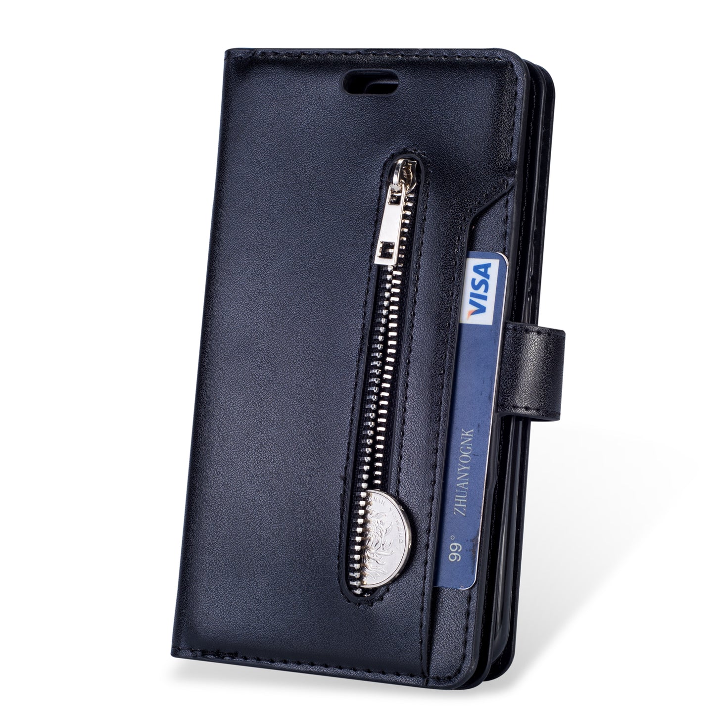 Zippered Leather Magnetic Stand Wallet TPU Back Casing with Strap for Huawei Mate 20 Lite