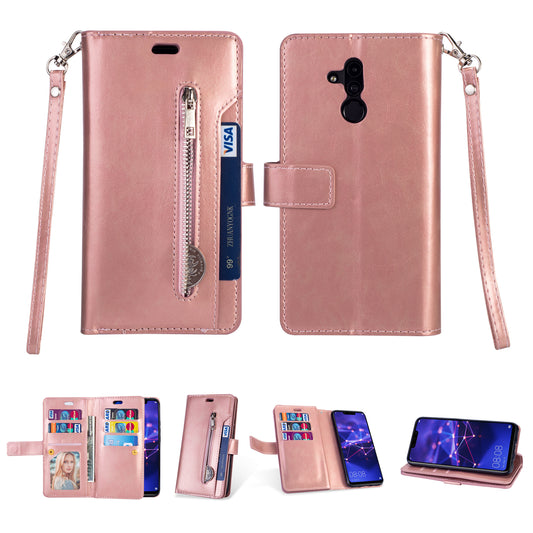 Zippered Leather Magnetic Stand Wallet TPU Back Casing with Strap for Huawei Mate 20 Lite