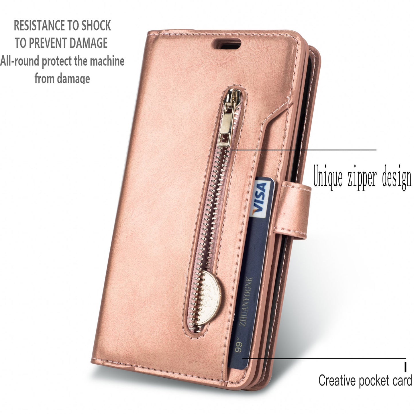 Zippered Leather Magnetic Stand Wallet TPU Back Casing with Strap for Huawei Mate 20 Lite