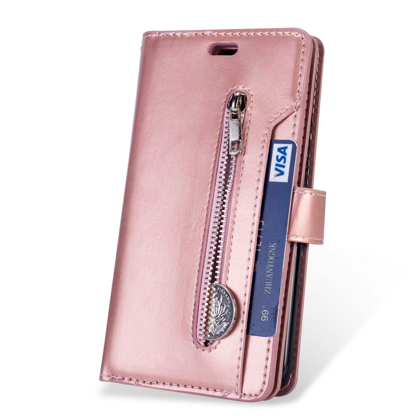 Zippered Leather Magnetic Stand Wallet TPU Back Casing with Strap for Huawei Mate 20 Lite