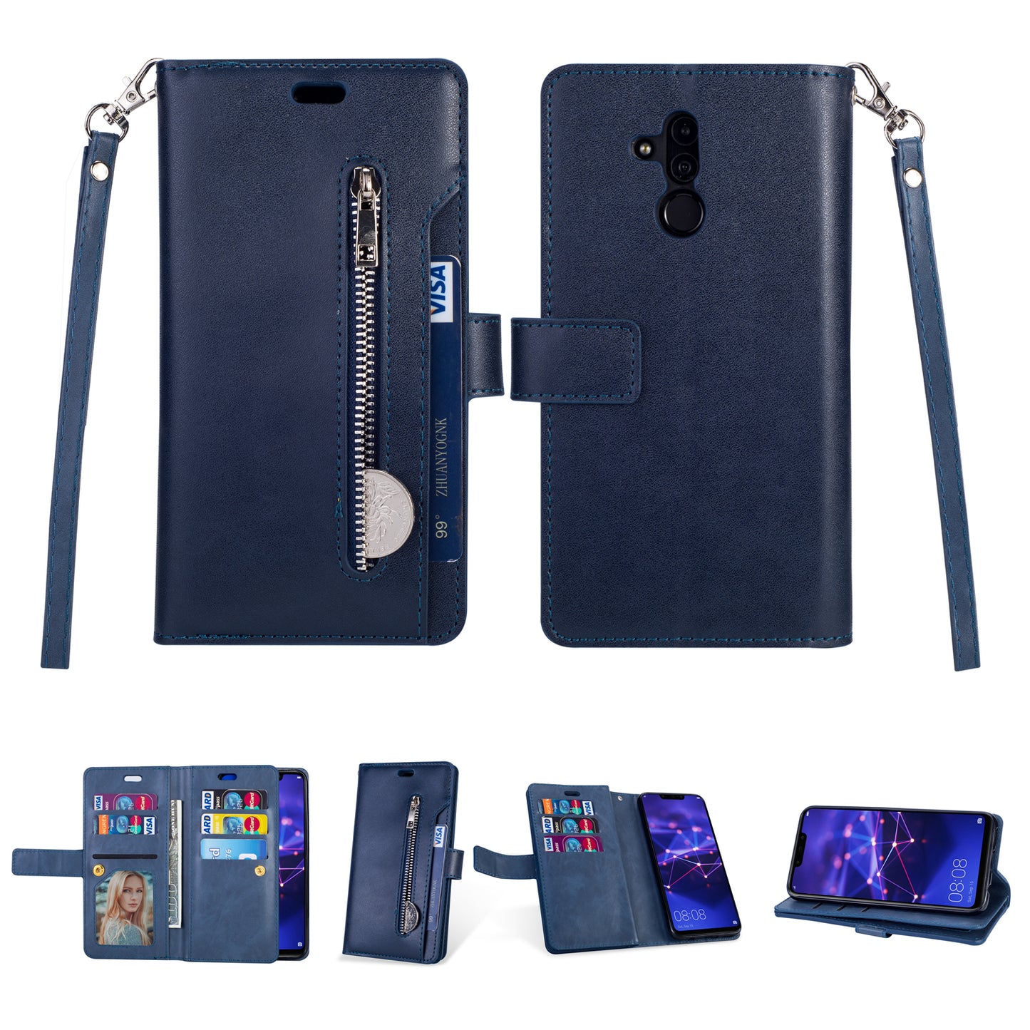 Zippered Leather Magnetic Stand Wallet TPU Back Casing with Strap for Huawei Mate 20 Lite