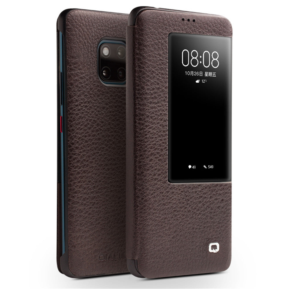 QIALINO for Huawei Mate 20 Pro View Window Cowhide Leather Folio Flip Phone Case Cover with Auto Wake/Sleep