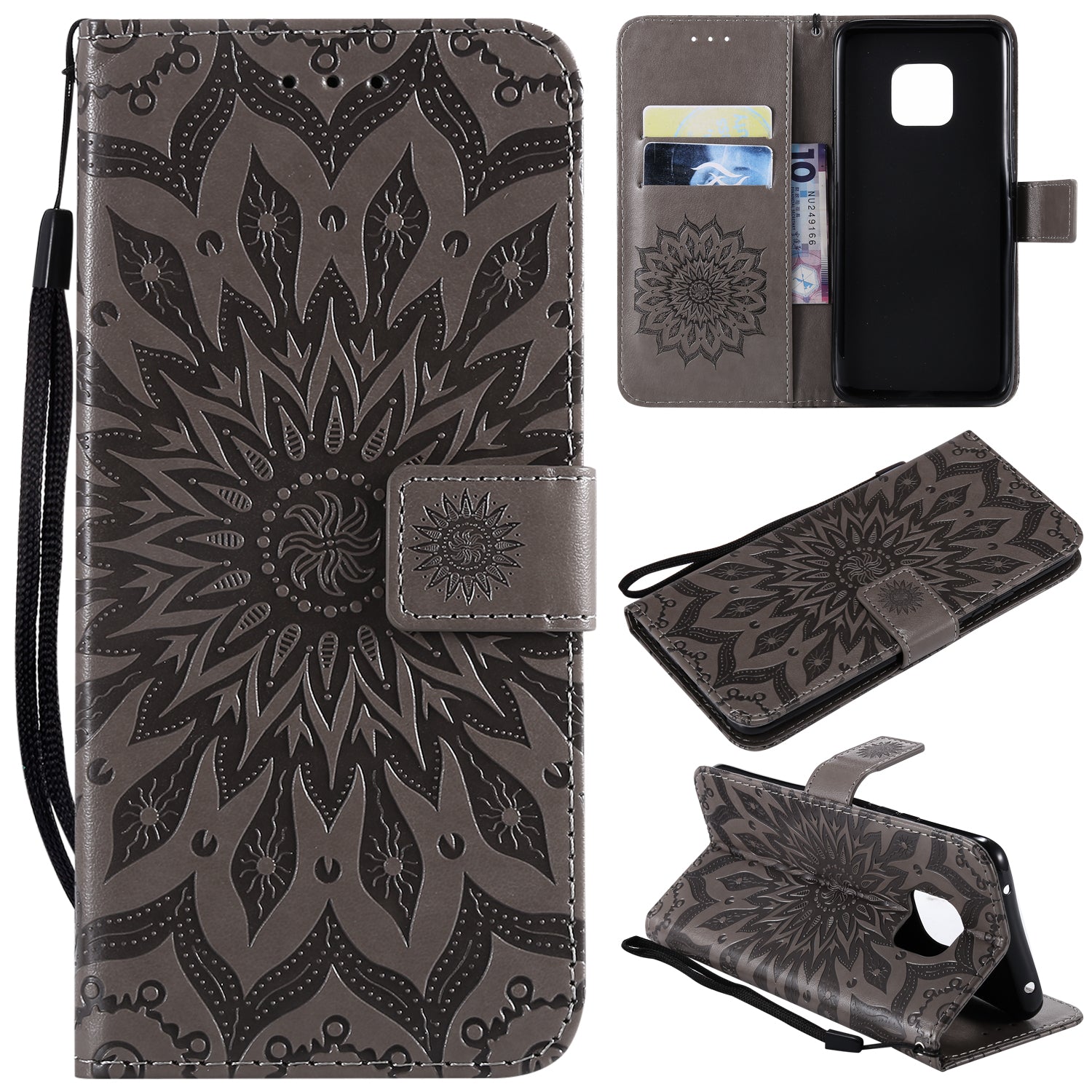 KT Imprinting Flower Series-1 Imprint Sunflower Wallet Leather Stand Case for Huawei Mate 20 Pro