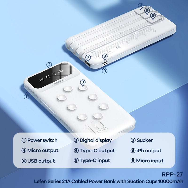 REMAX RPP-27 10000mAh Portable Charger 2.1A Fast Charging Power Bank with Powerful Suction Cups for iP/Typc C/USB Devices