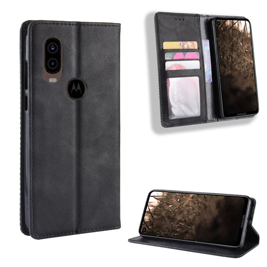 Auto-absorbed Vintage Leather Wallet Stand Shell for Motorola One Vision / P50