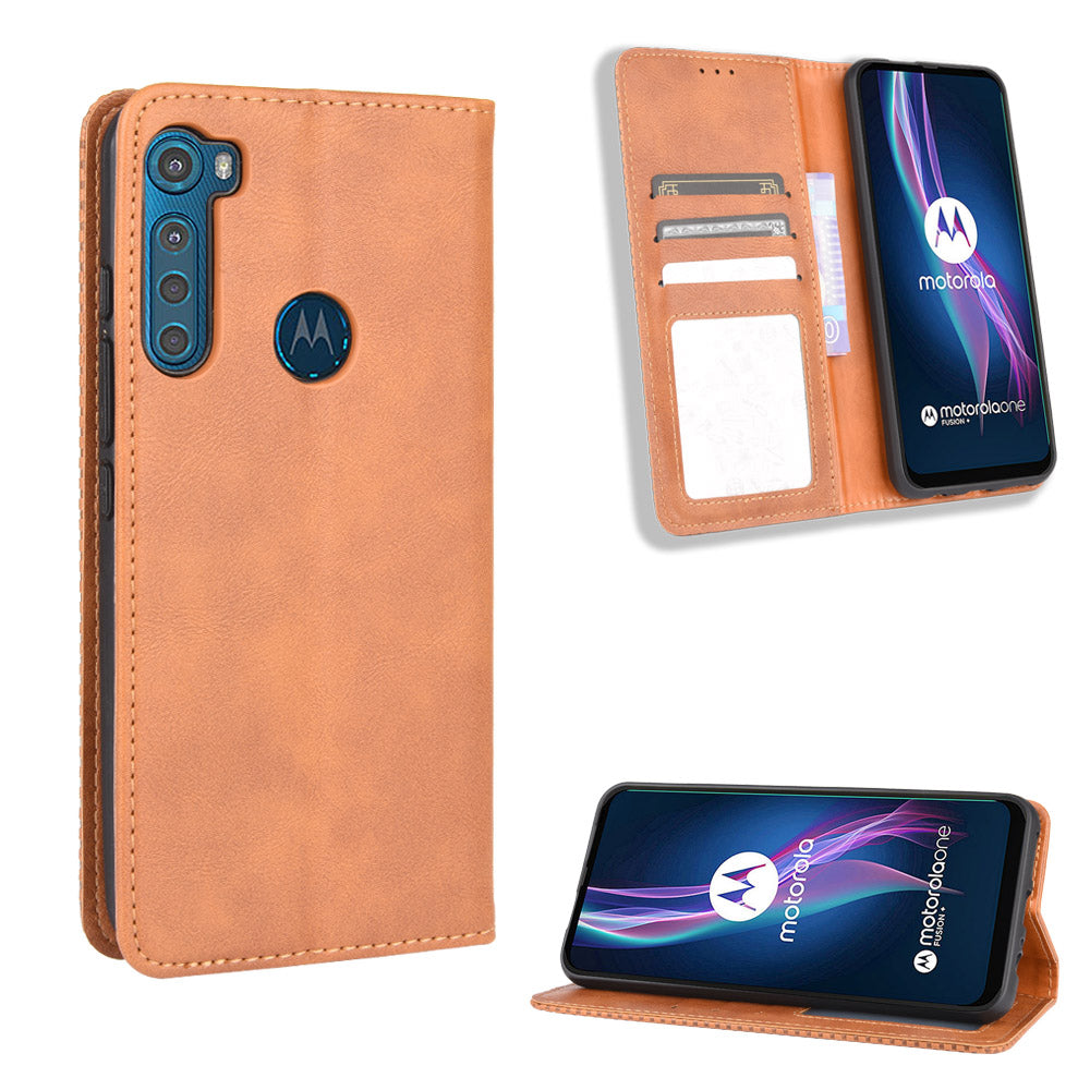 Auto-absorbed Retro Leather Wallet Protective Case for Motorola Moto One Fusion Plus