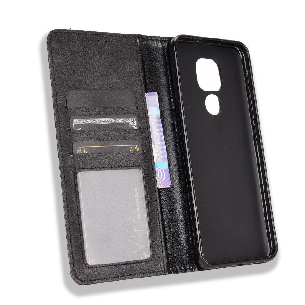 Auto-absorbed Retro PU Leather Shell Wallet Phone Cover for Motorola Moto E7 Plus