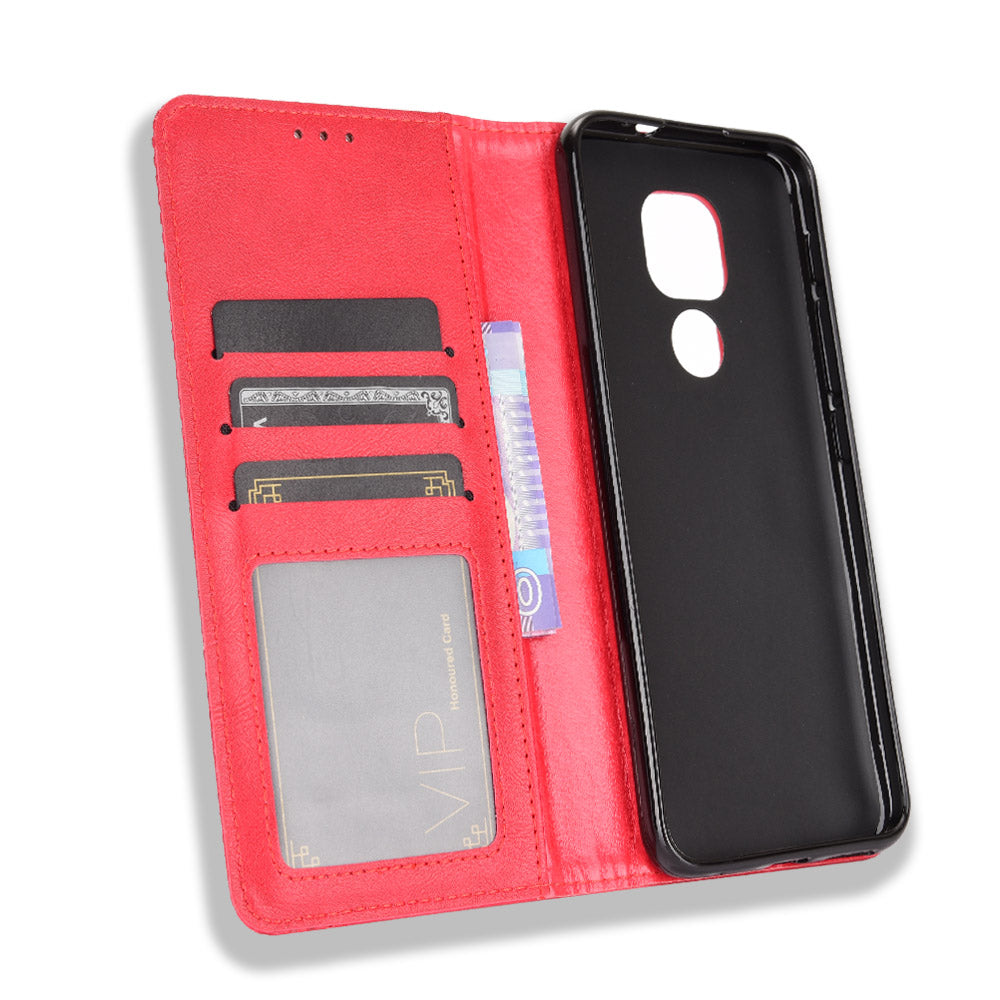 Auto-absorbed Retro PU Leather Shell Wallet Phone Cover for Motorola Moto E7 Plus