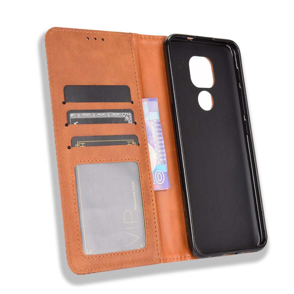 Auto-absorbed Retro PU Leather Shell Wallet Phone Cover for Motorola Moto E7 Plus