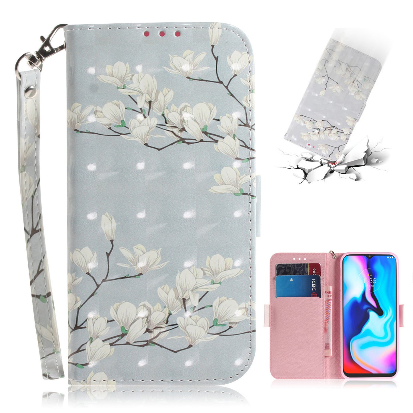 Light Spot Decor Pattern Printing Wallet Stand Flip Leather Case with Strap for Motorola Moto G9 Play/E7 Plus/G9 (India)