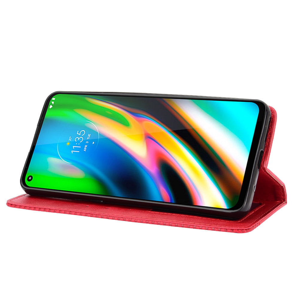 Magnetic Vintage Style Phone Protective Shell for Motorola Moto G9 Plus with Wallet Stand