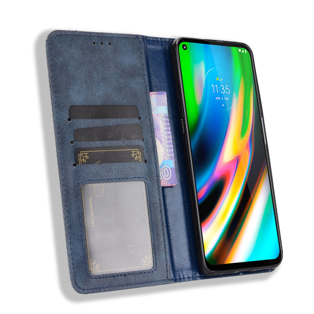 Magnetic Vintage Style Phone Protective Shell for Motorola Moto G9 Plus with Wallet Stand